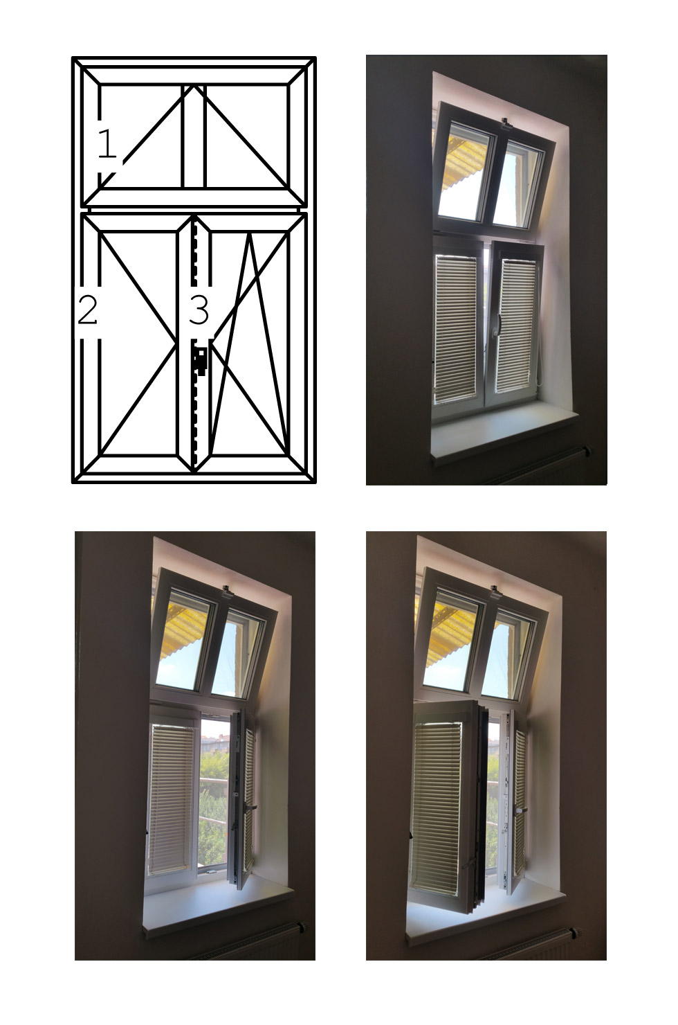 1) sklopné okno, tzv. ventilačka, 2) otevíravé okno, 3) otevíravě-sklopné okno 1) sklopné okno, tzv. ventilačka, 2) otevíravé okno, 3) otevíravě-sklopné okno